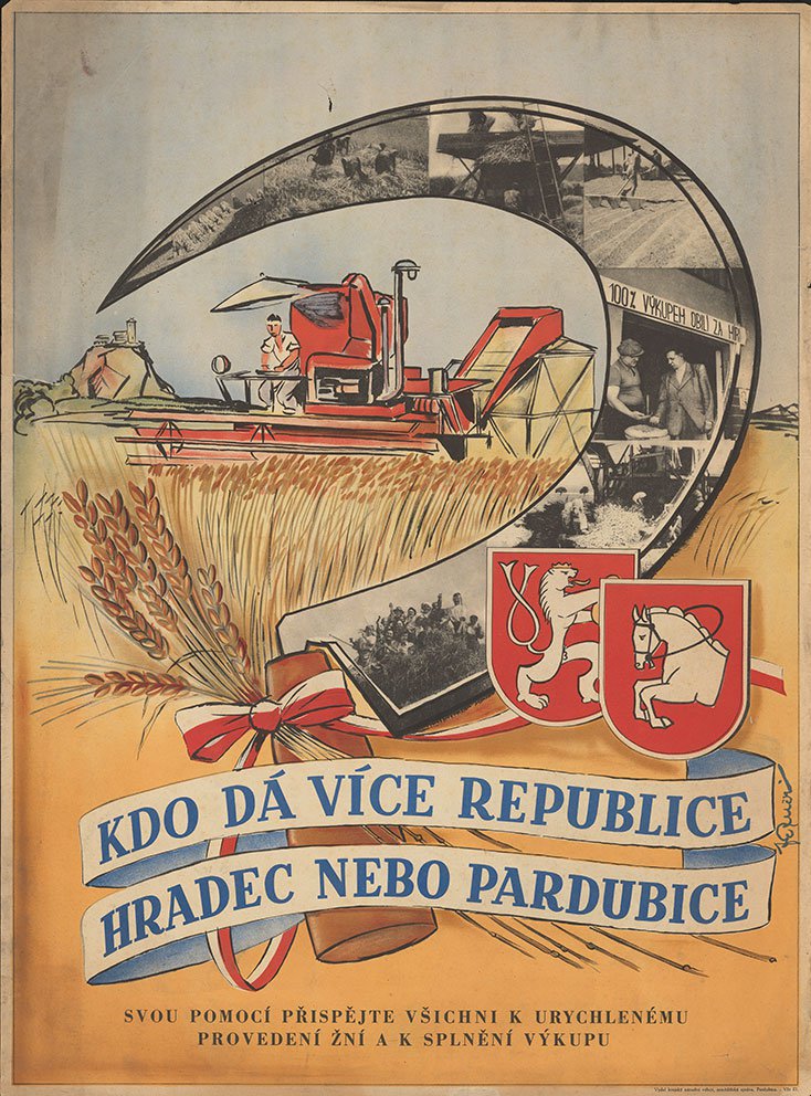 Propagandistický plakát z roku 1949 – Kdo dá více republice. Přednáší Jakub Potůček